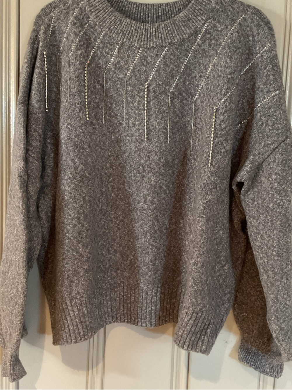 Jennifer Lopez Gray Crewneck Sweater with Metallic Stitch Accents